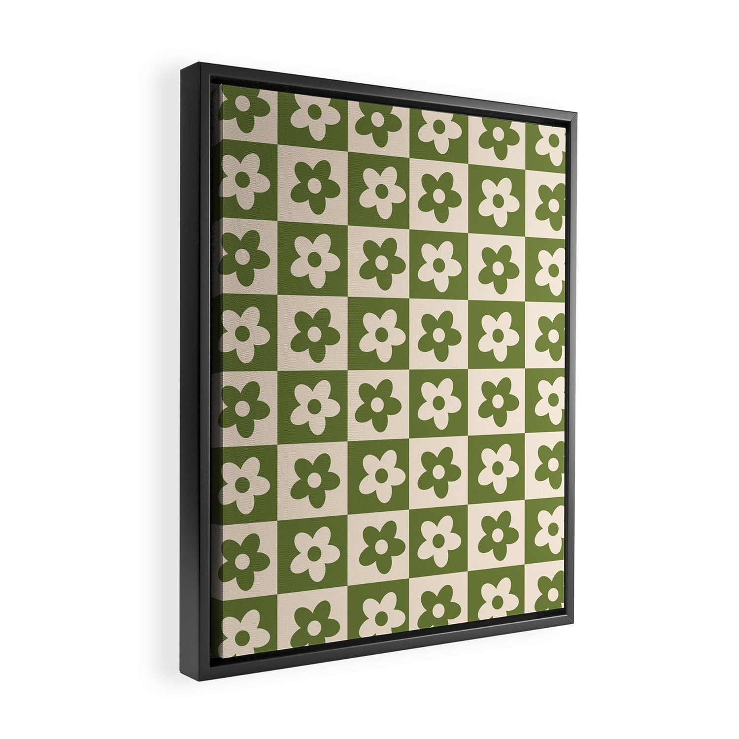 90s flowers checkers cream and green Framed Canvas Print Gallery Image 2