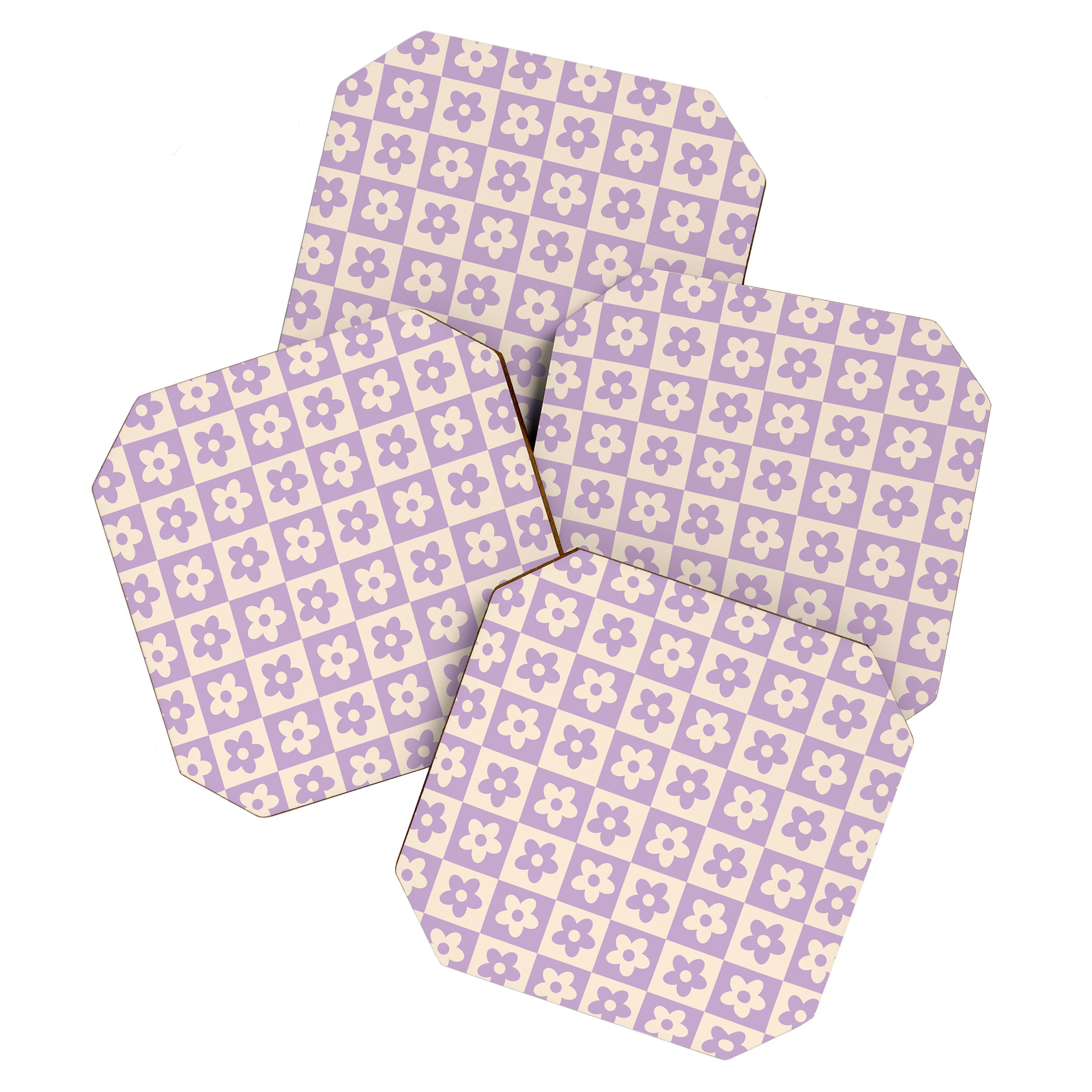 90s flowers checkers cream and lilac Coaster Gallery Image 1
