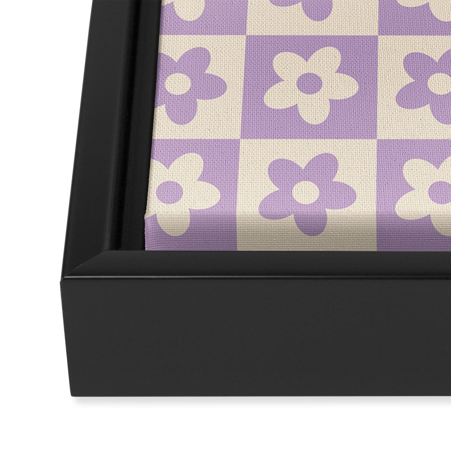90s flowers checkers cream and lilac Framed Canvas Print Gallery Image 3