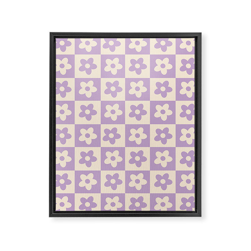90s flowers checkers cream and lilac Framed Canvas Print Gallery Image 8