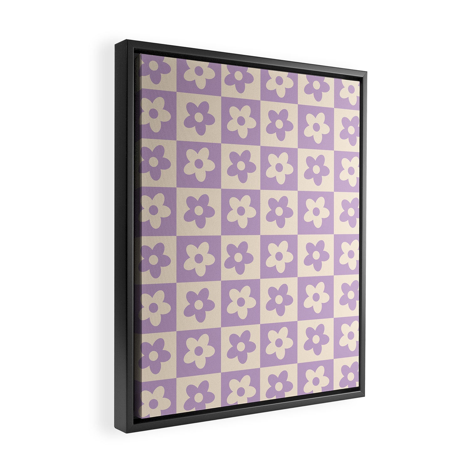 90s flowers checkers cream and lilac Framed Canvas Print Gallery Image 2
