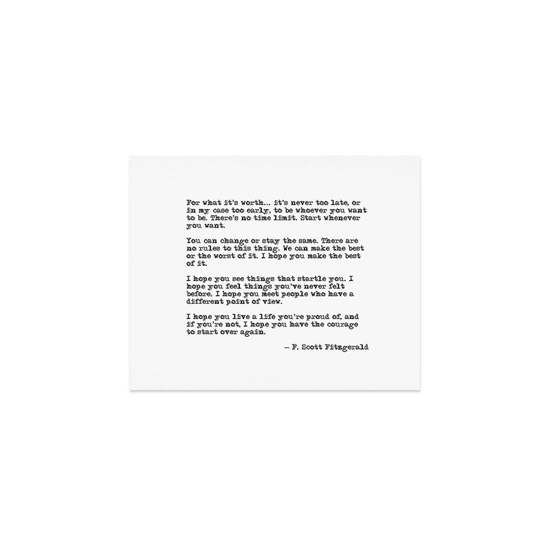 For what it's worth - F Scott Fitzgerald quote Art Print Gallery Image 1