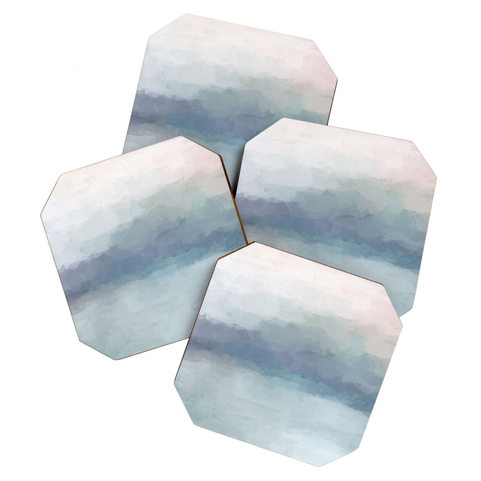 Atlantic Ocean Sunrise I - Blush Pink Mint Sky Baby Blue Abstract Sky Wall Art Water Clouds Painting Coaster Gallery Image 1