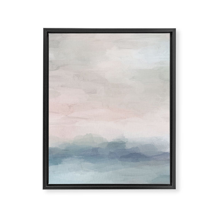 Atlantic Ocean Sunrise II - Blush Pink Mint Sky Baby Blue Abstract Sky, Water Clouds Painting Framed Canvas Print Gallery Image 1