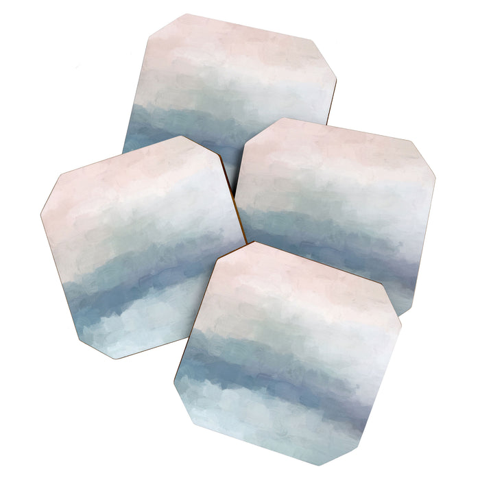 Atlantic Ocean Sunrise III - Blush Pink Mint Sky Baby Blue Abstract Sky Art Water Clouds Painting Coaster Gallery Image 1