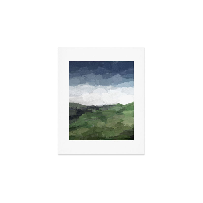 Before Nightfall - Navy Indigo Blue White Clouds Green Farmland Horizon Abstract Nature Painting Art Print Gallery Image 1