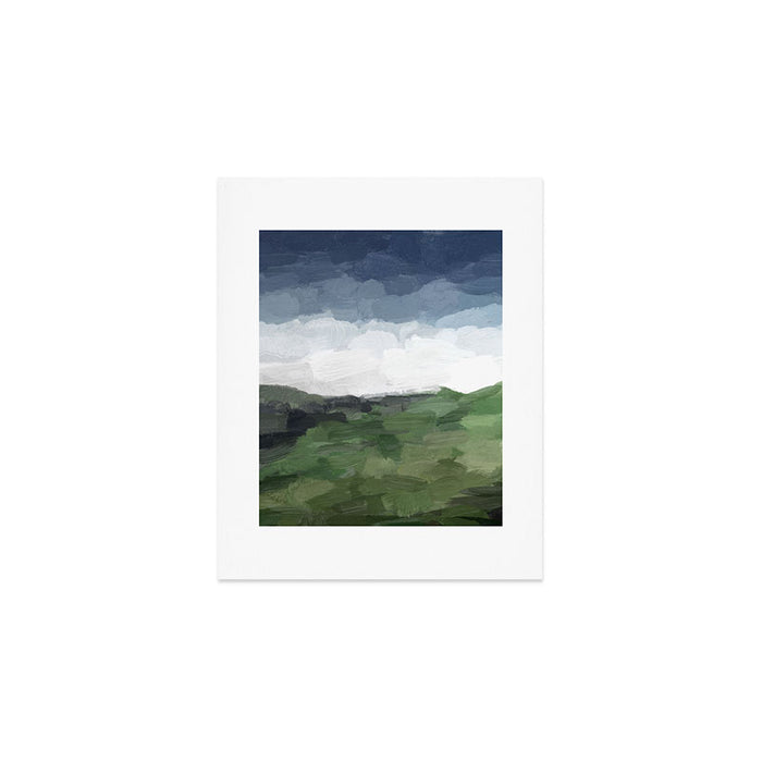 Before Nightfall - Navy Indigo Blue White Clouds Green Farmland Horizon Abstract Nature Painting Art Print Gallery Image 1