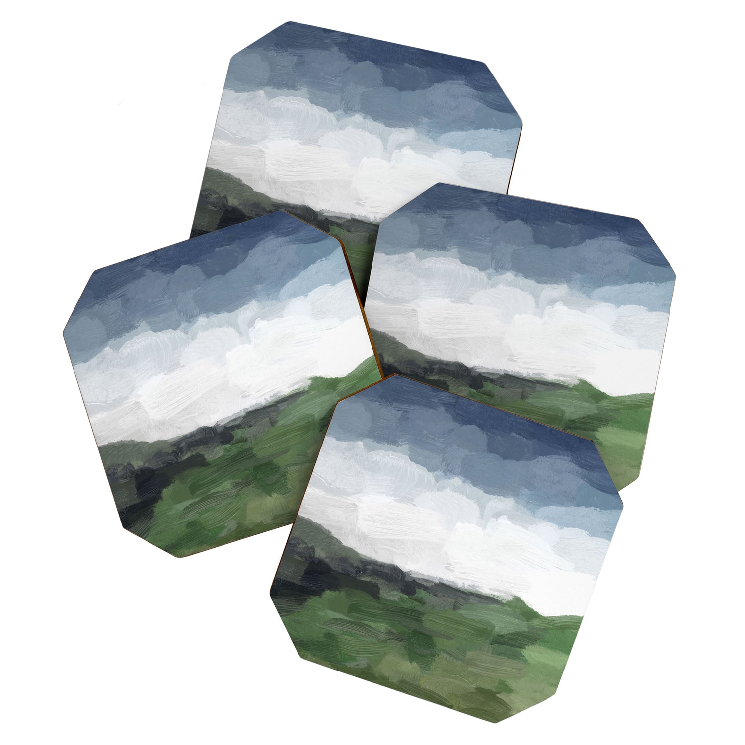 Before Nightfall - Navy Indigo Blue White Clouds Green Farmland Horizon Abstract Nature Painting Coaster Gallery Image 1