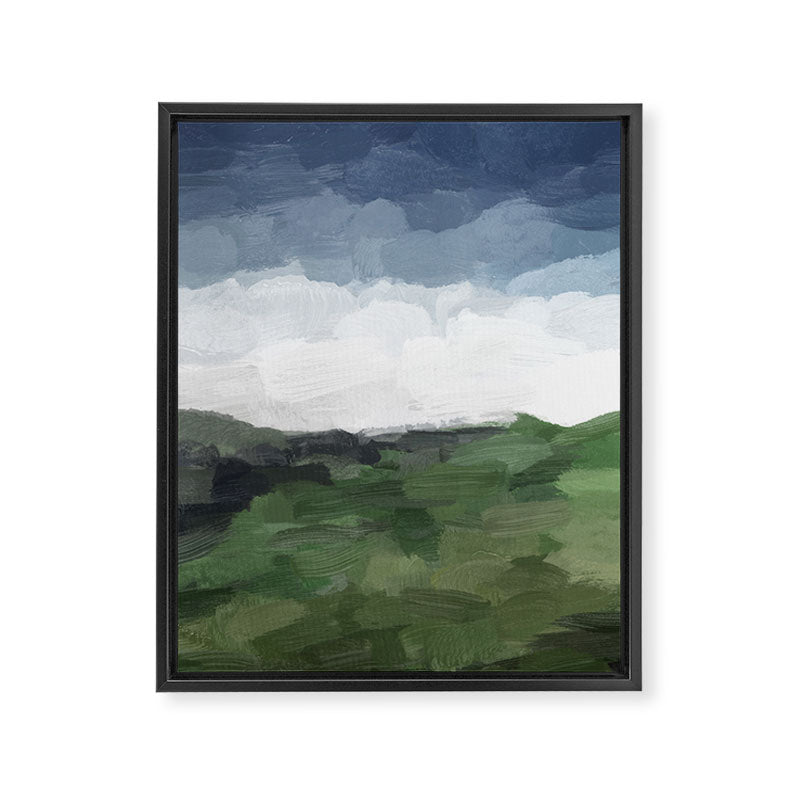 Before Nightfall - Navy Indigo Blue White Clouds Green Farmland Horizon Abstract Nature Painting Framed Canvas Print Gallery Image 6