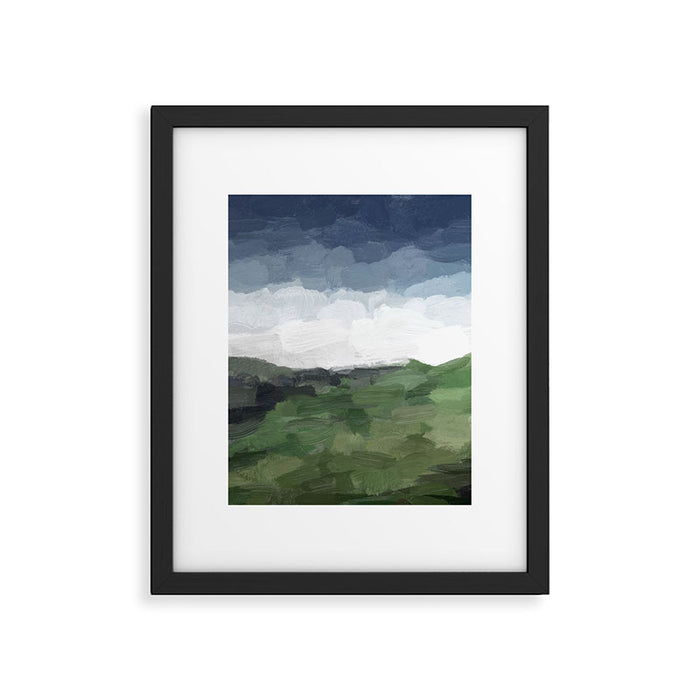Before Nightfall - Navy Indigo Blue White Clouds Green Farmland Horizon Abstract Nature Painting Framed Art Print Gallery Image 1