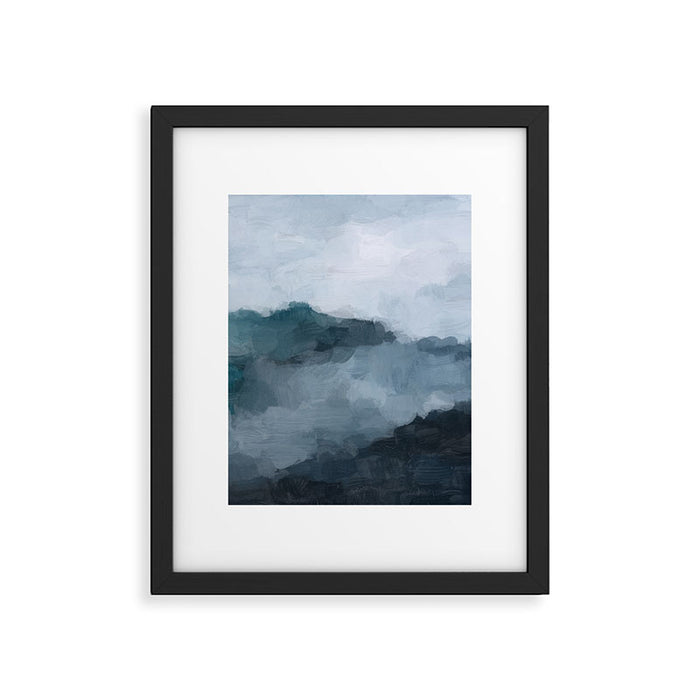 Big Wave Sunset - Navy Blue Surf Indigo Light Blue Clouds Abstract Nature Ocean Painting Art Print Framed Art Print Gallery Image 1