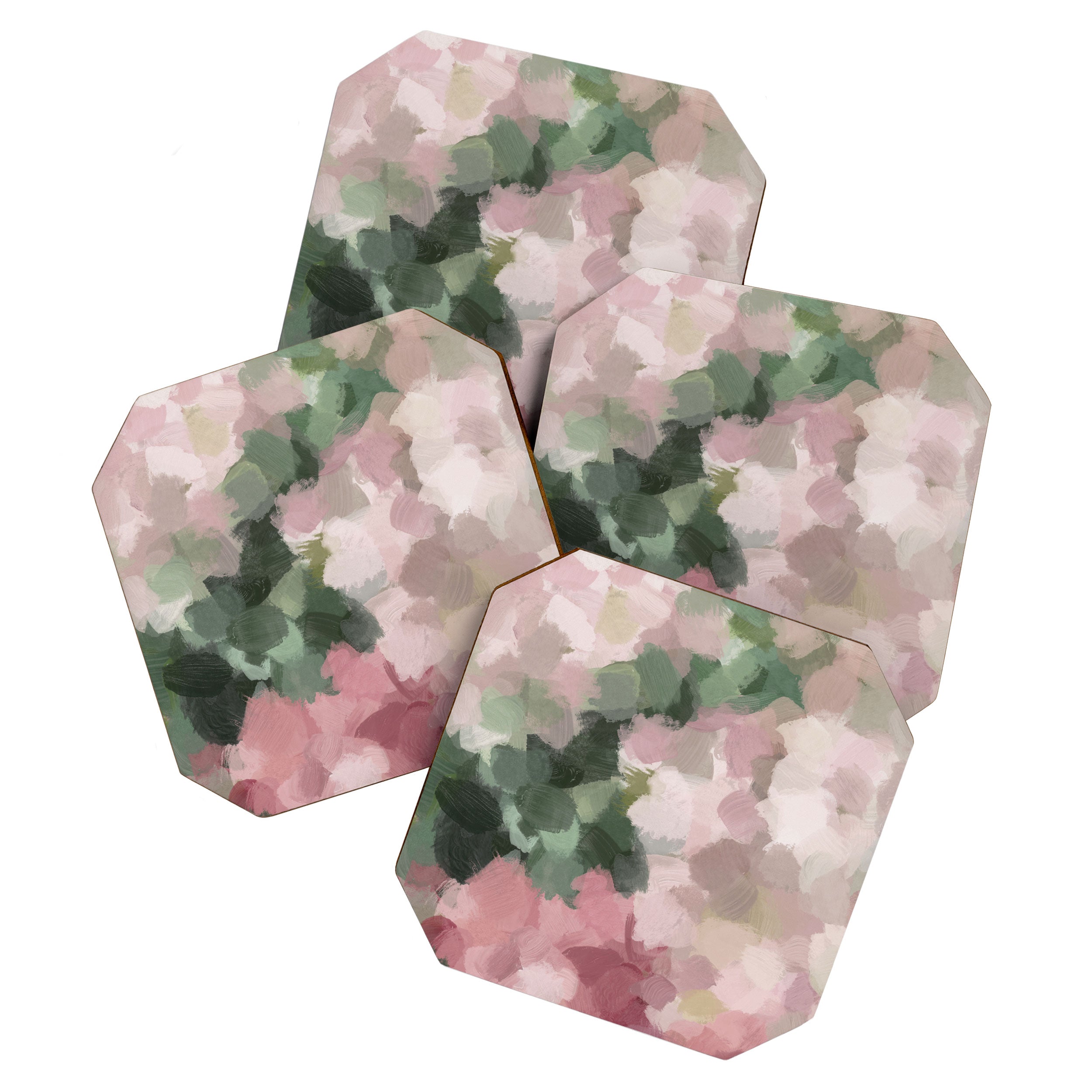 Blurry Bouquet - Forest Green Fuchsia Blush Dark Pink Abstract Flower Nature Painting Art Print Coaster Gallery Image 1