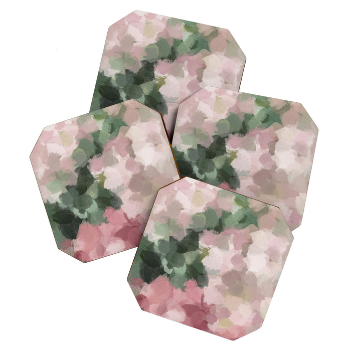 Blurry Bouquet - Forest Green Fuchsia Blush Dark Pink Abstract Flower Nature Painting Art Print Coaster Gallery Image 1