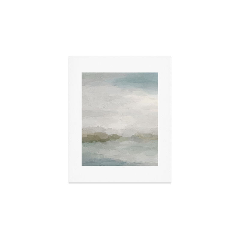 Break in the Weather III - Gray Clouds Sunrise Sage Green Blue Ocean Horizon Abstract Water Painting Art Print Gallery Image 1