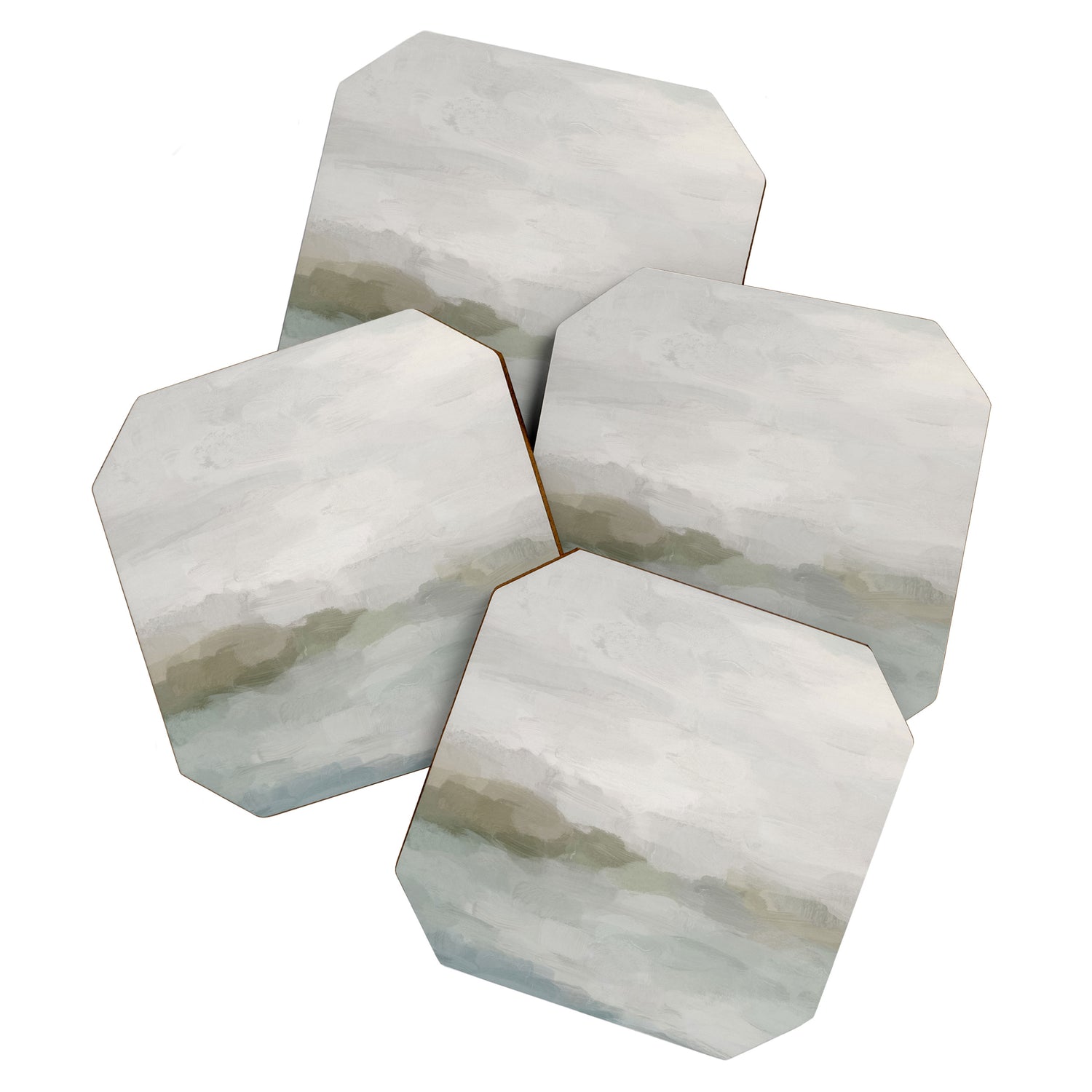 Break in the Weather III - Gray Clouds Sunrise Sage Green Blue Ocean Horizon Abstract Water Painting Coaster Gallery Image 1