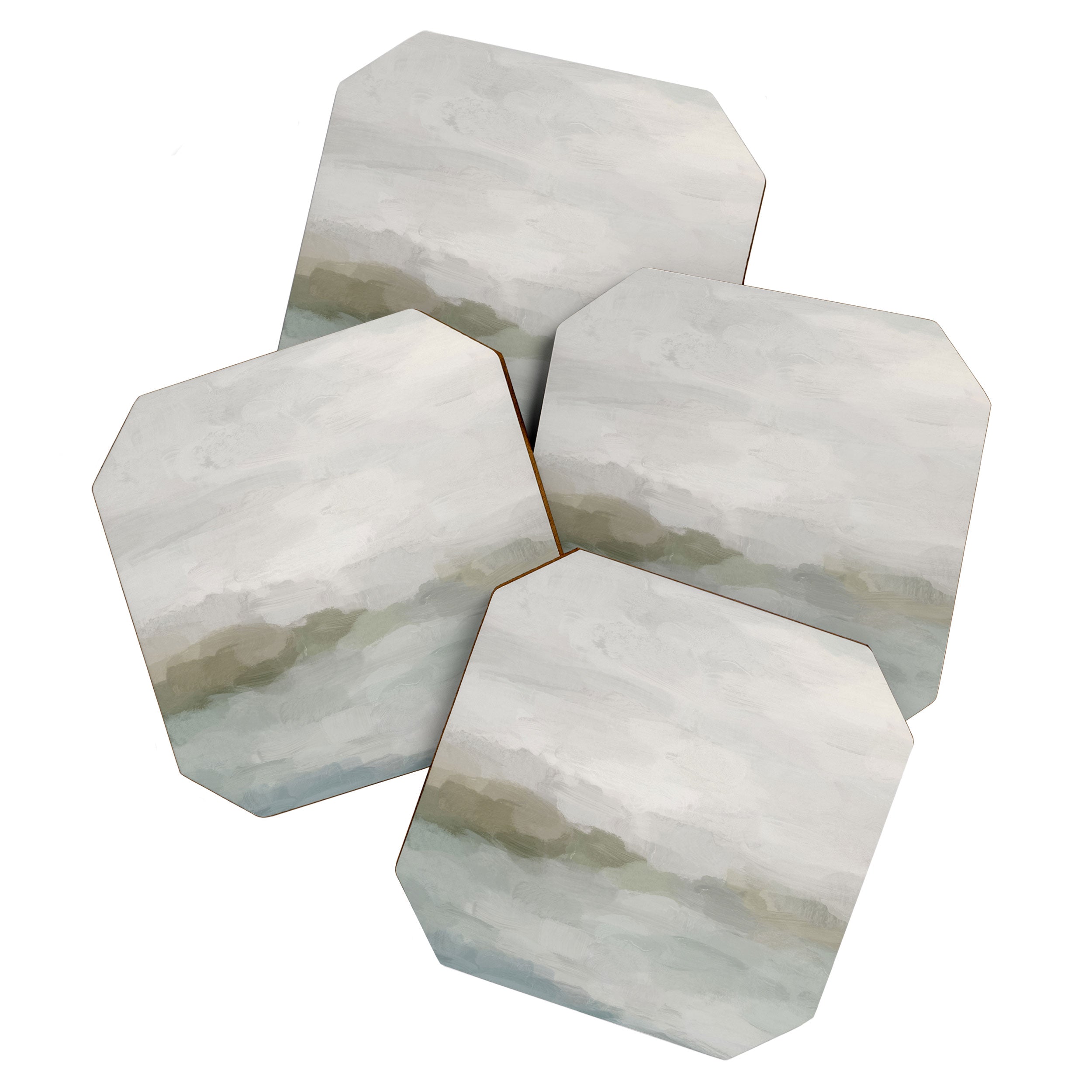 Break in the Weather III - Gray Clouds Sunrise Sage Green Blue Ocean Horizon Abstract Water Painting Coaster Gallery Image 1