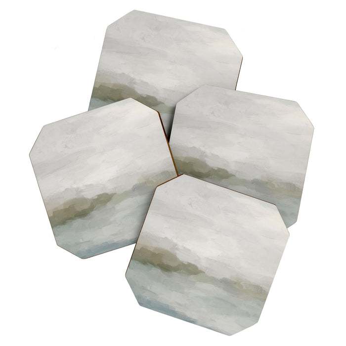Break in the Weather III - Gray Clouds Sunrise Sage Green Blue Ocean Horizon Abstract Water Painting Coaster Gallery Image 1