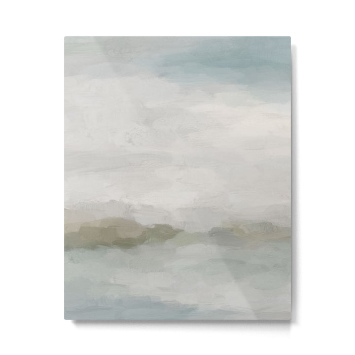 Break in the Weather III - Gray Clouds Sunrise Sage Green Blue Ocean Horizon Abstract Water Painting Metal Print Gallery Image 1