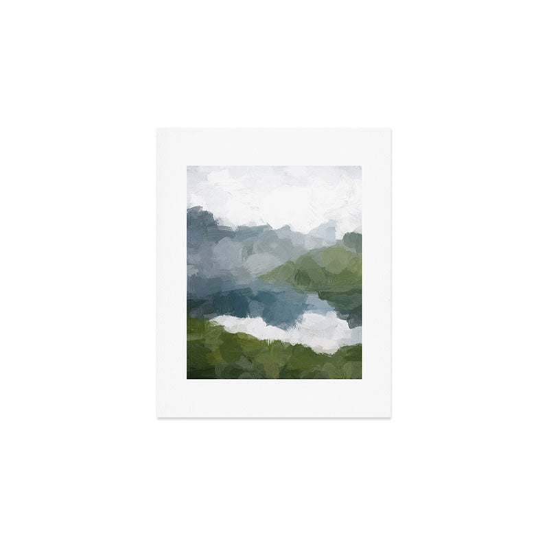 Cloud Reflection - Gray Blue Lake White Green Mountain Reflection Abstract Nature Painting Art Print Art Print Gallery Image 1
