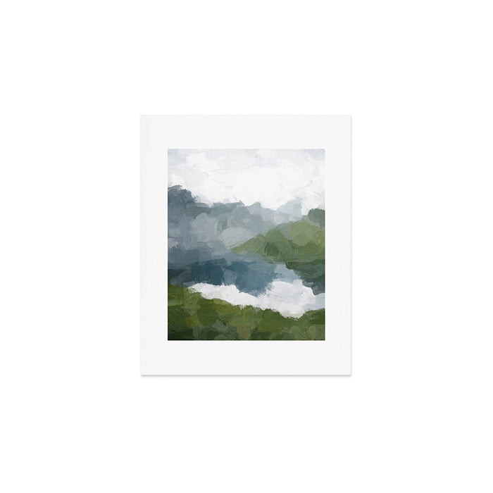 Cloud Reflection - Gray Blue Lake White Green Mountain Reflection Abstract Nature Painting Art Print Art Print Gallery Image 1