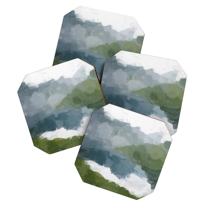 Cloud Reflection - Gray Blue Lake White Green Mountain Reflection Abstract Nature Painting Art Print Coaster Gallery Image 1