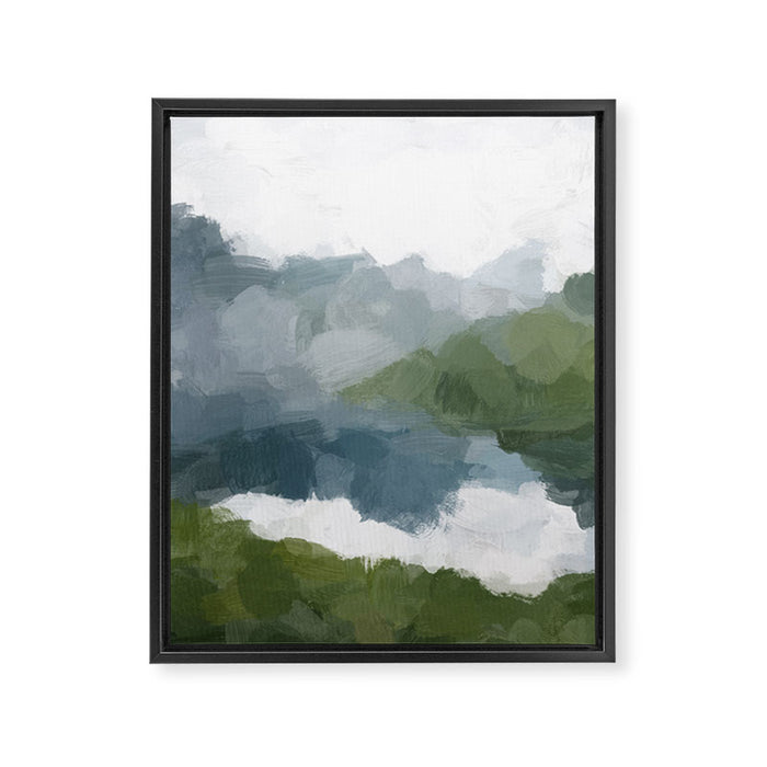 Cloud Reflection - Gray Blue Lake White Green Mountain Reflection Abstract Nature Painting Art Print Framed Canvas Print Gallery Image 1