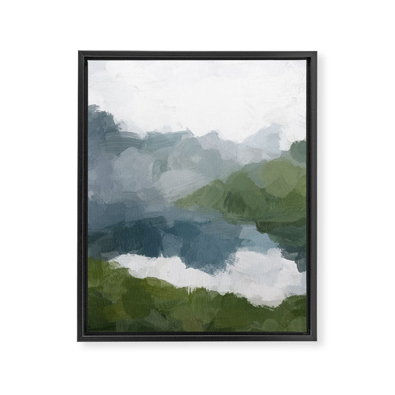 Cloud Reflection - Gray Blue Lake White Green Mountain Reflection Abstract Nature Painting Art Print Framed Canvas Print Gallery Image 6
