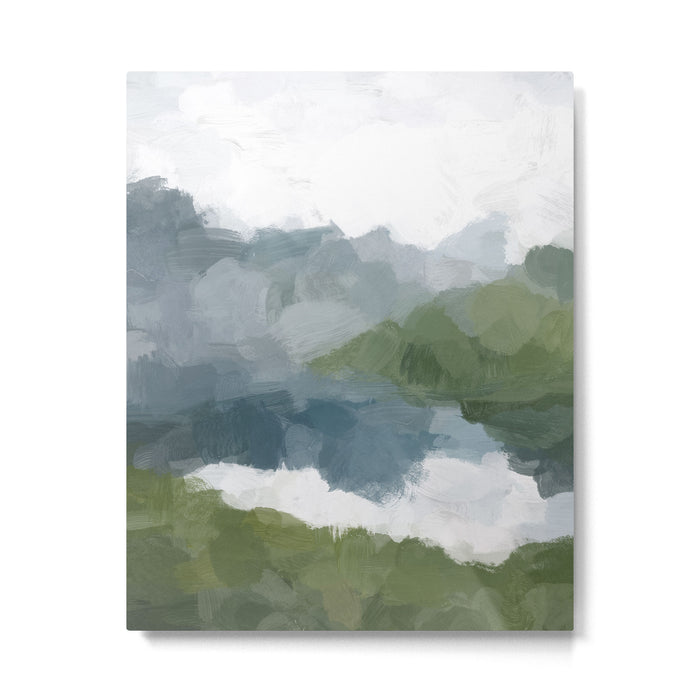 Cloud Reflection - Gray Blue Lake White Green Mountain Reflection Abstract Nature Painting Art Print Metal Print Gallery Image 1