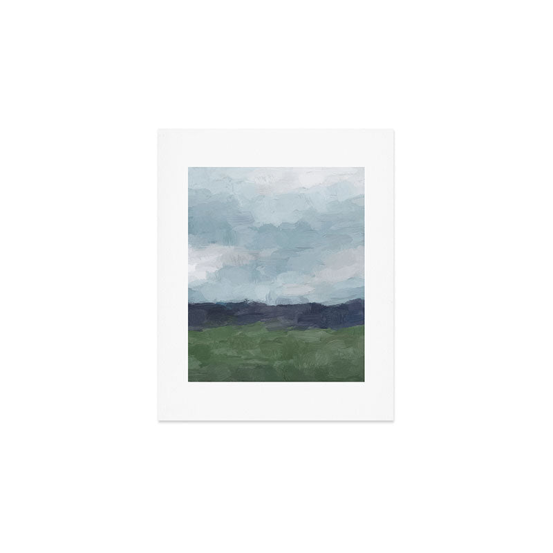 Driving to the Valley - Rainy Blue Skies Navy Indigo Horizon Green Grass Abstract Nature Farmhouse Art Print Gallery Image 1