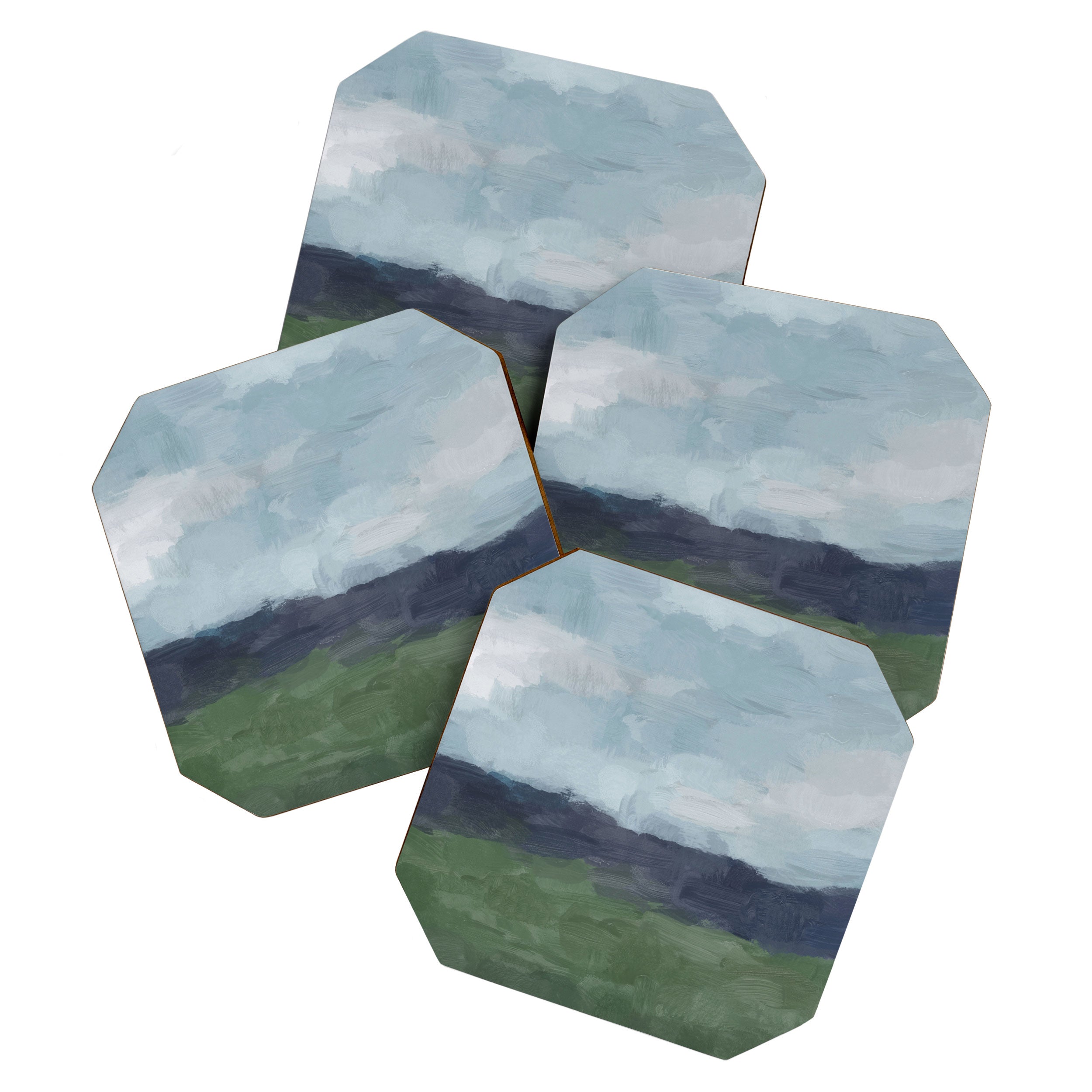 Driving to the Valley - Rainy Blue Skies Navy Indigo Horizon Green Grass Abstract Nature Farmhouse Coaster Gallery Image 1
