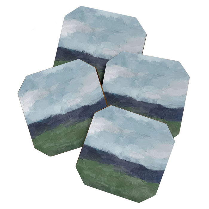 Driving to the Valley - Rainy Blue Skies Navy Indigo Horizon Green Grass Abstract Nature Farmhouse Coaster Gallery Image 1