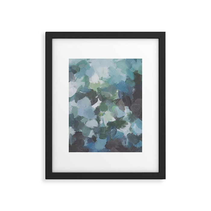 Escaping Reality - Mint Aqua Navy Indigo Sage Lime Green Abstract Nature Painting, Modern Leaves Sky Framed Art Print Gallery Image 1