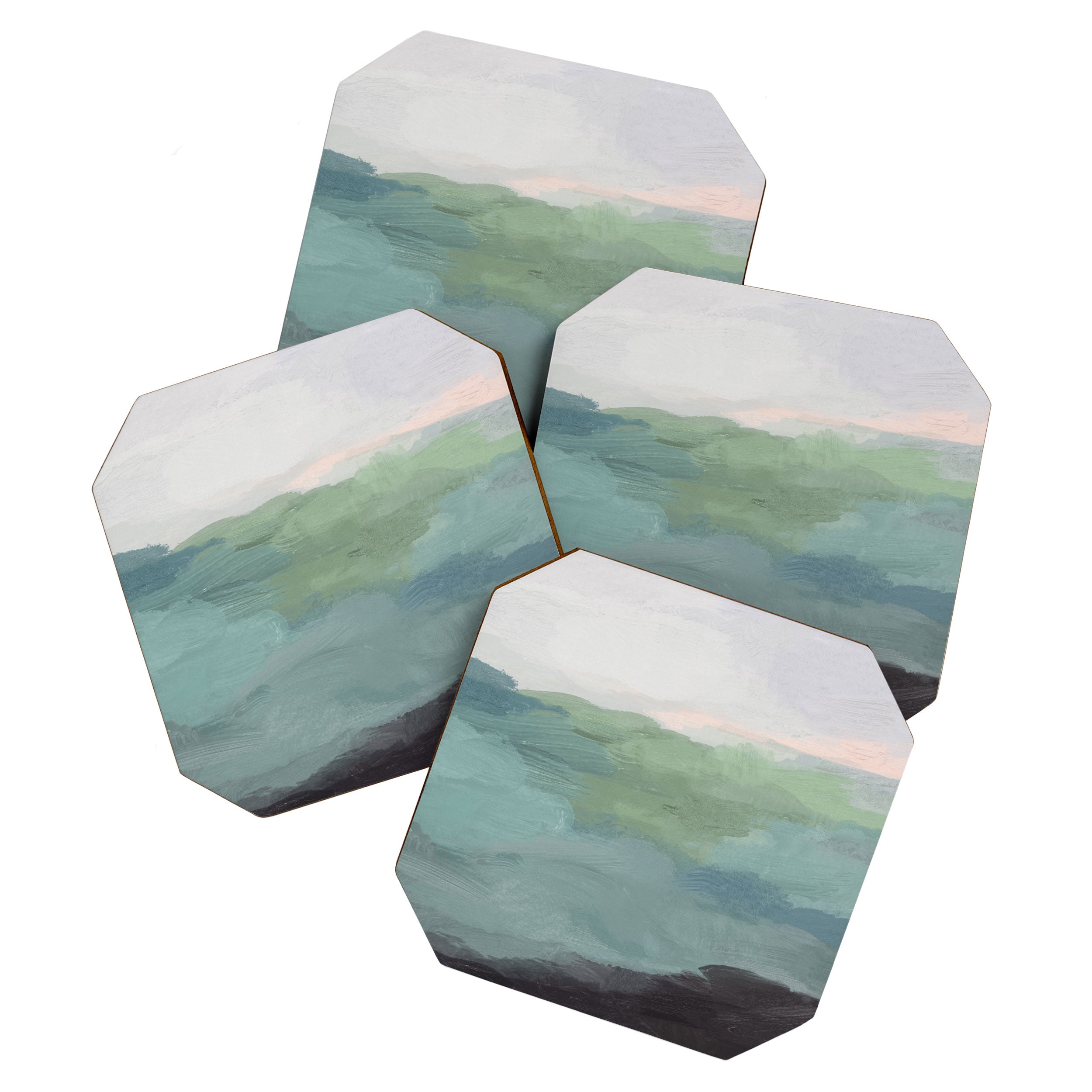 Farmland Sunset I - Seafoam Green Mint Black Blush Pink Abstract Nature Land Art Painting Coaster Gallery Image 1
