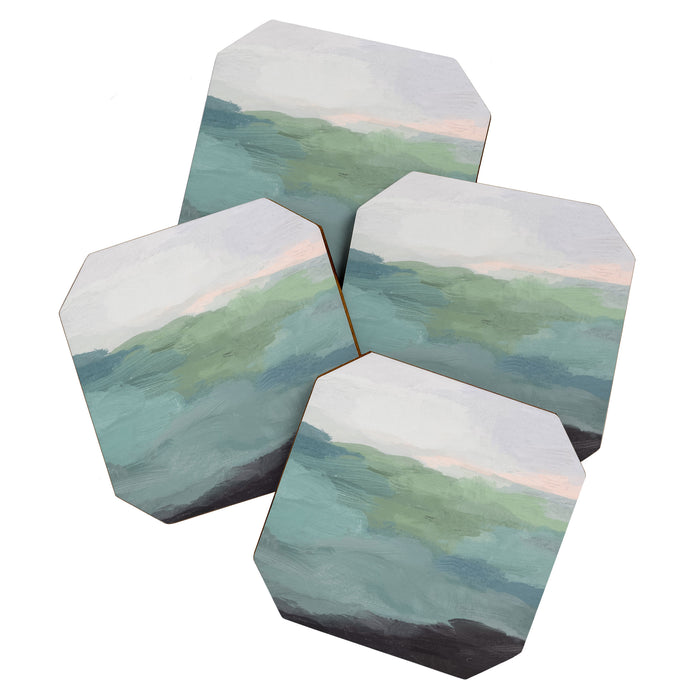 Farmland Sunset I - Seafoam Green Mint Black Blush Pink Abstract Nature Land Art Painting Coaster Gallery Image 1
