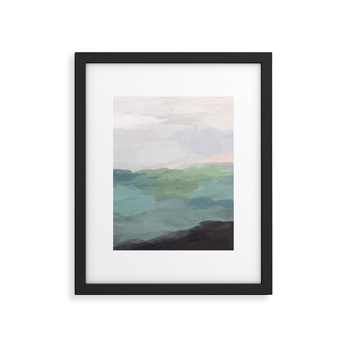 Farmland Sunset I - Seafoam Green Mint Black Blush Pink Abstract Nature Land Art Painting Framed Art Print Gallery Image 1