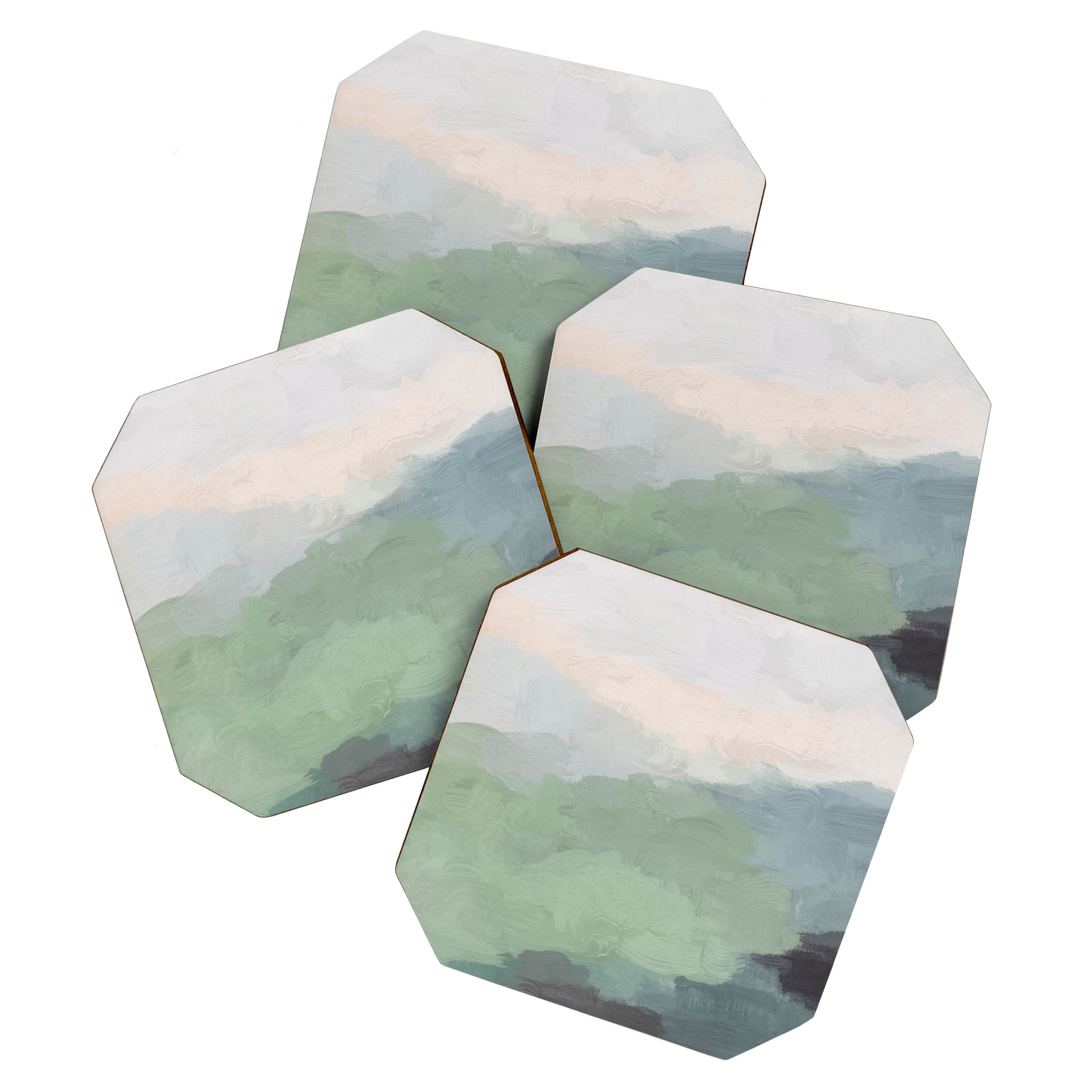 Farmland Sunset III - Seafoam Green Mint Black Blush Pink Abstract Nature Land Art Painting Coaster Gallery Image 1