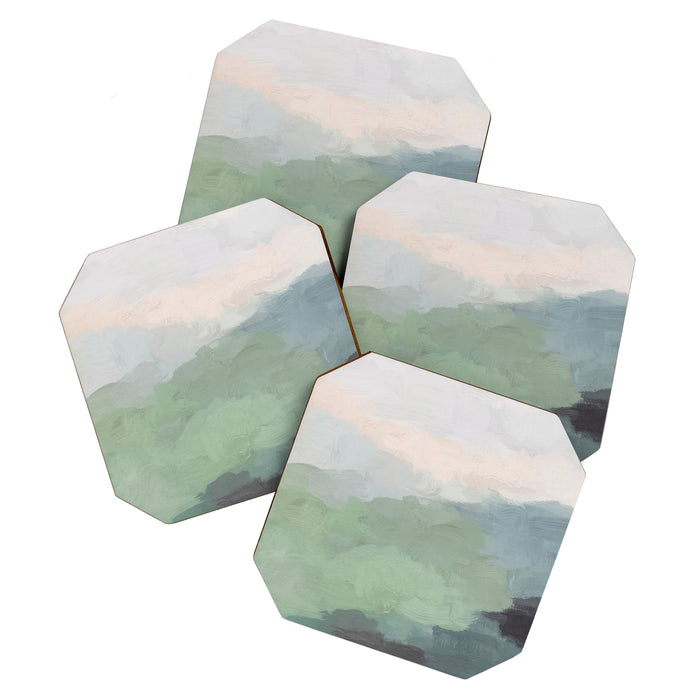 Farmland Sunset III - Seafoam Green Mint Black Blush Pink Abstract Nature Land Art Painting Coaster Gallery Image 1