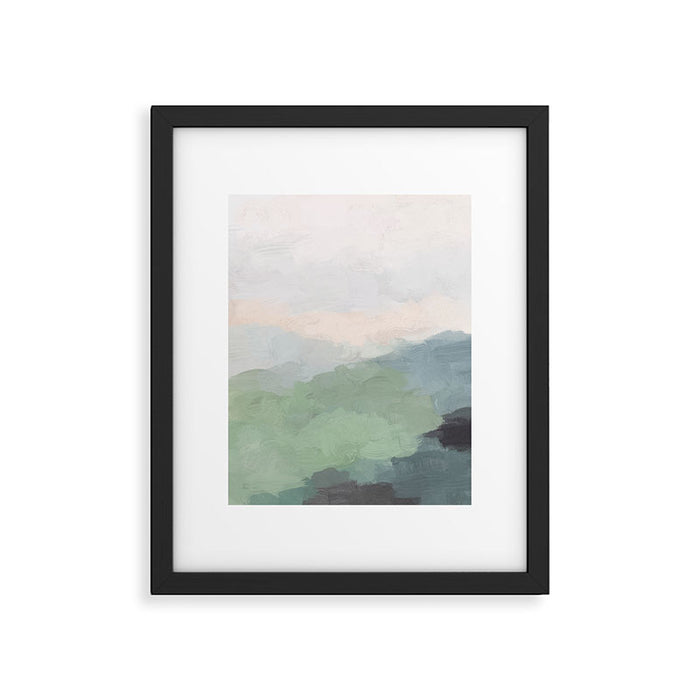 Farmland Sunset III - Seafoam Green Mint Black Blush Pink Abstract Nature Land Art Painting Framed Art Print Gallery Image 1
