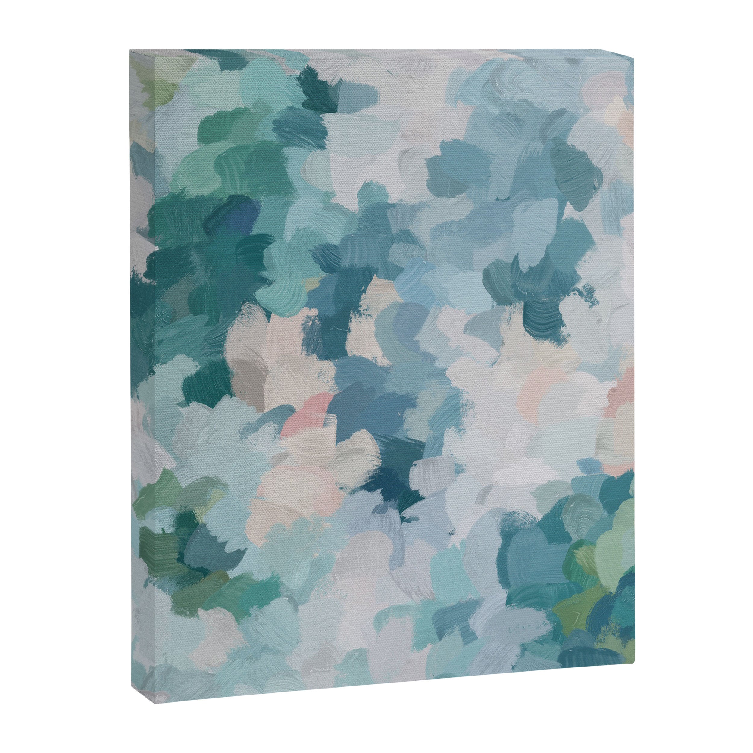 Flowers in the Wind I - Mint Green Sky Blue Teal Blush Pink Abstract Nature Spring Blossom Painting Canvas Print Gallery Image 6