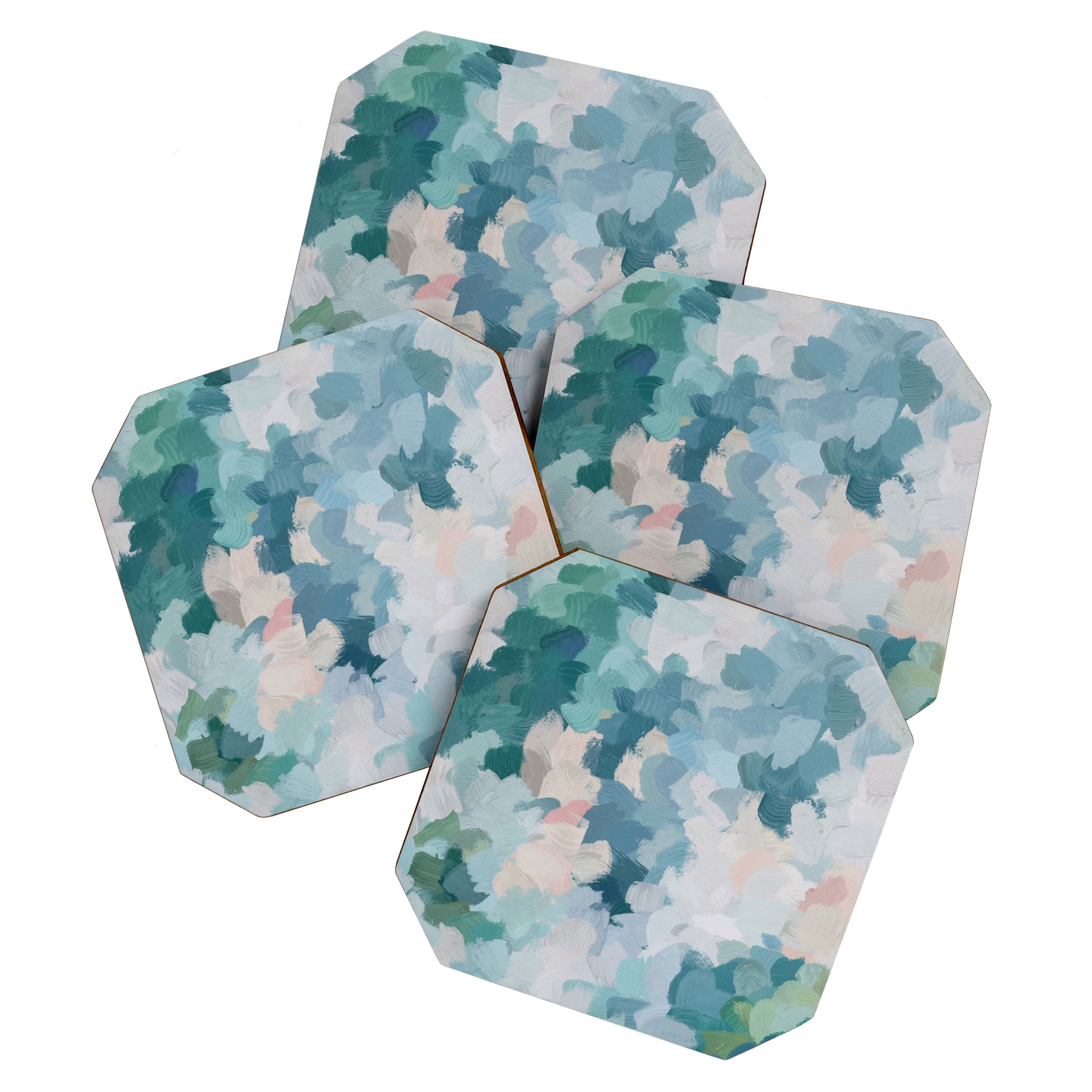 Flowers in the Wind I - Mint Green Sky Blue Teal Blush Pink Abstract Nature Spring Blossom Painting Coaster Gallery Image 1