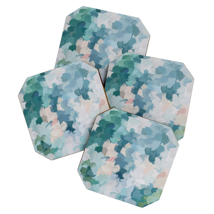 Flowers in the Wind I - Mint Green Sky Blue Teal Blush Pink Abstract Nature Spring Blossom Painting Coaster Gallery Image 1