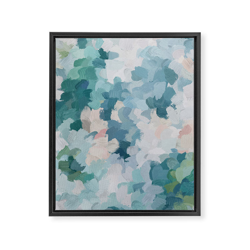 Flowers in the Wind I - Mint Green Sky Blue Teal Blush Pink Abstract Nature Spring Blossom Painting Framed Canvas Print Gallery Image 6