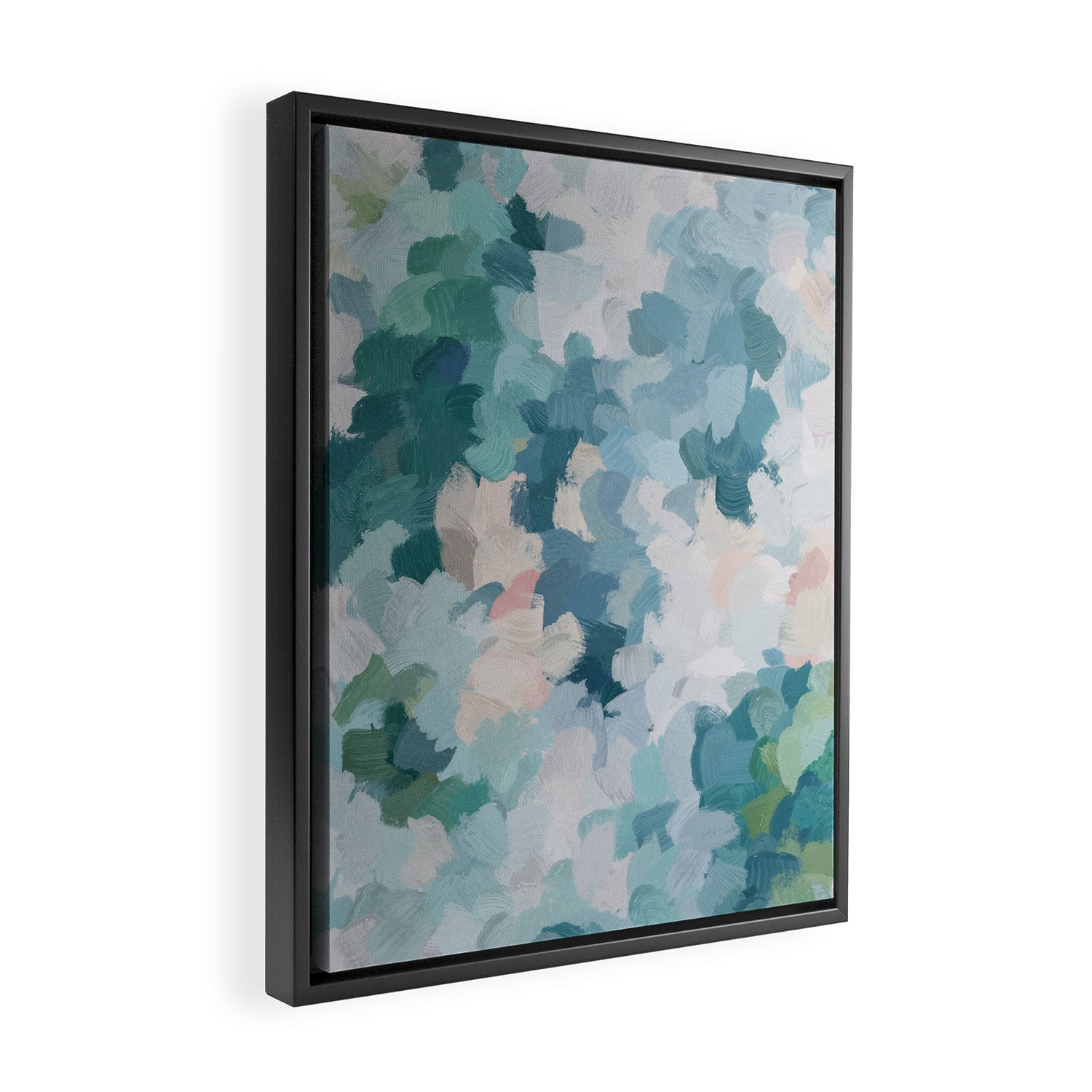 Flowers in the Wind I - Mint Green Sky Blue Teal Blush Pink Abstract Nature Spring Blossom Painting Framed Canvas Print Gallery Image 2