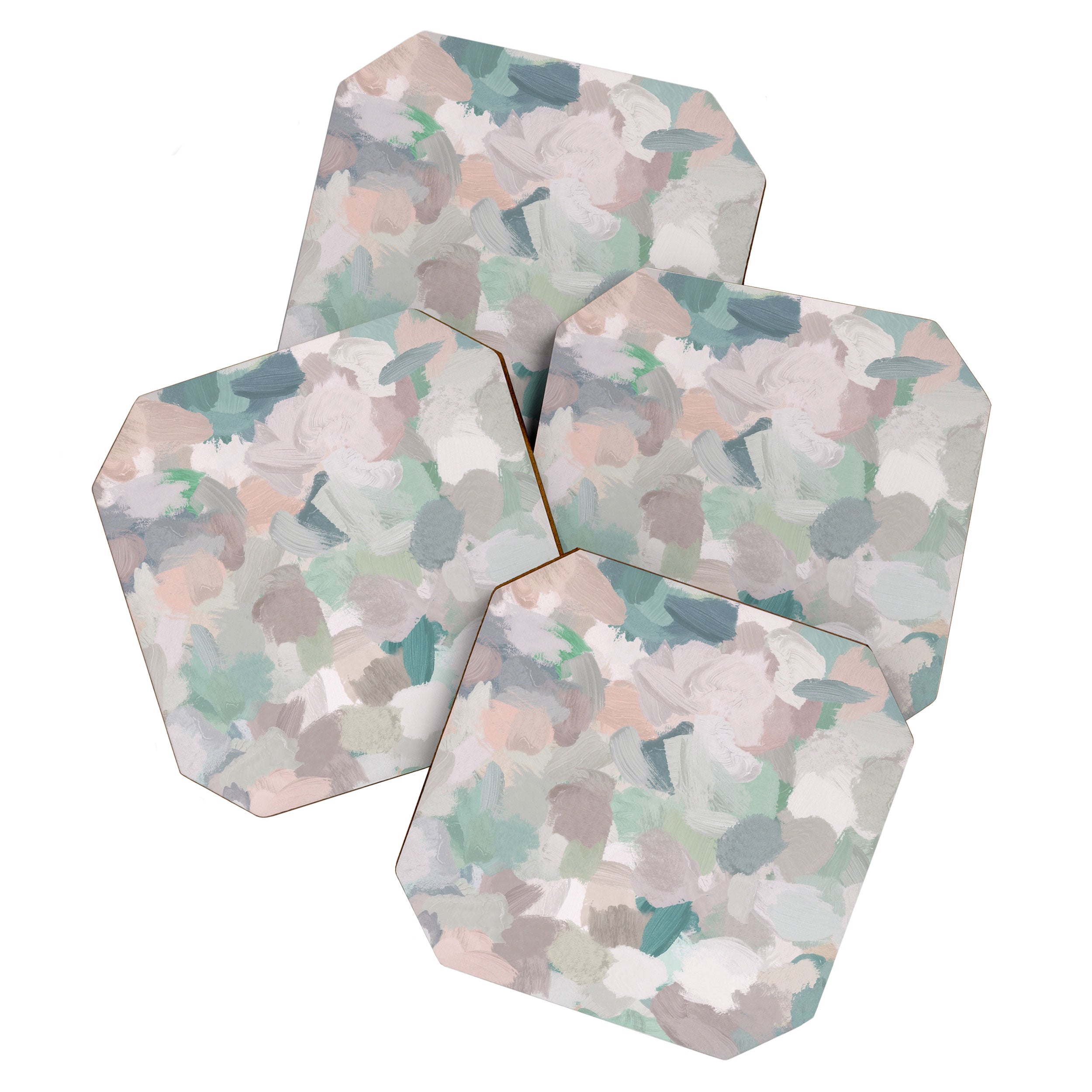 Fuzzy Flowers I - Mint Seafoam Green Dusty Rose Blush Pink Abstract Nature Spring Painting Print Coaster Gallery Image 1