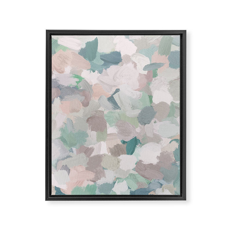 Fuzzy Flowers I - Mint Seafoam Green Dusty Rose Blush Pink Abstract Nature Spring Painting Print Framed Canvas Print Gallery Image 6