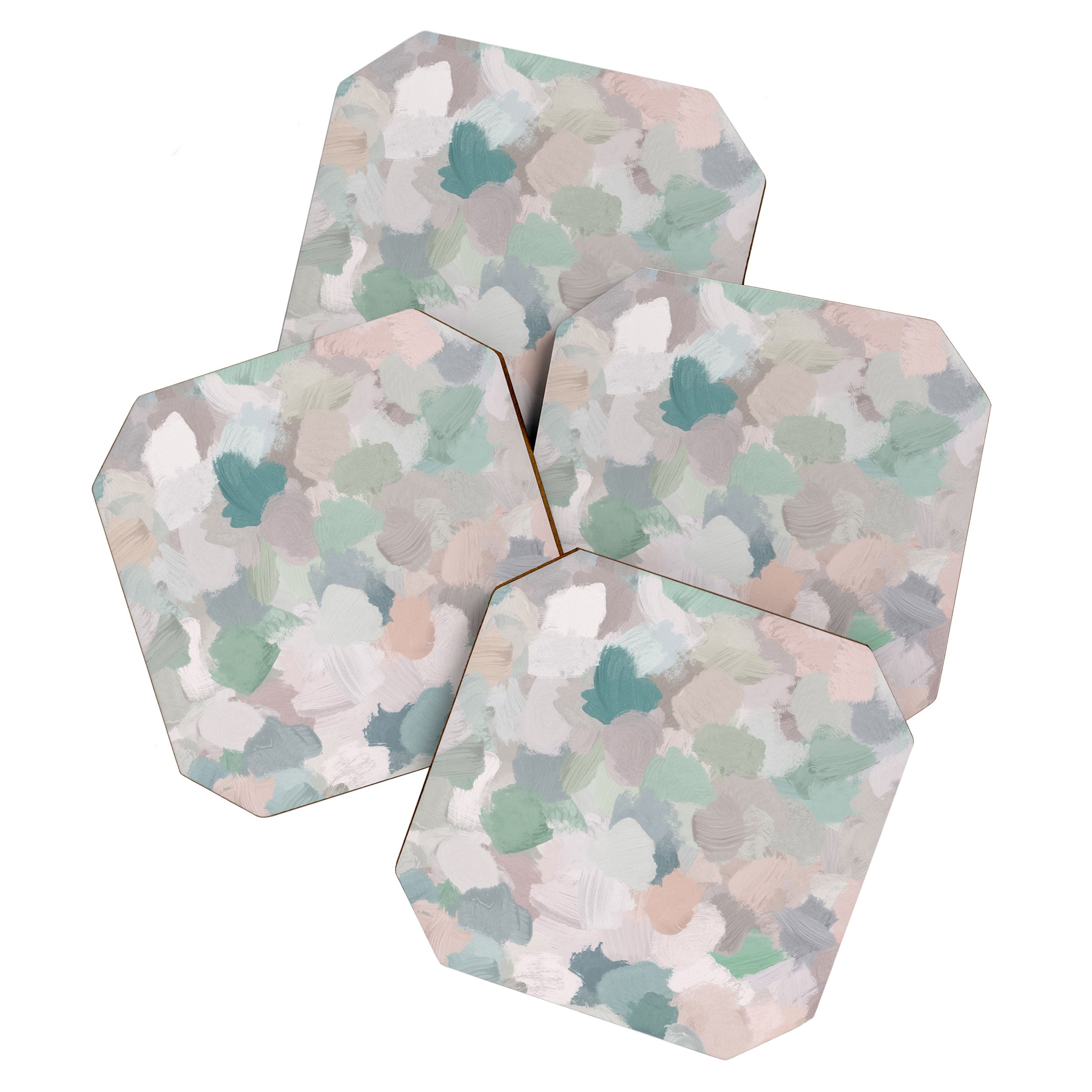 Fuzzy Flowers II - Mint Seafoam Green Dusty Rose Blush Pink Pastel Abstract Flower Painting Art Coaster Gallery Image 1