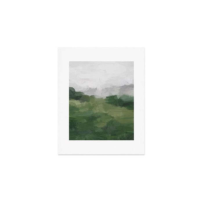 Green Mountain - Valley Hills Gray Sky Grass Plants Abstract Nature Painting Art Print Wall Decor Art Print Gallery Image 1