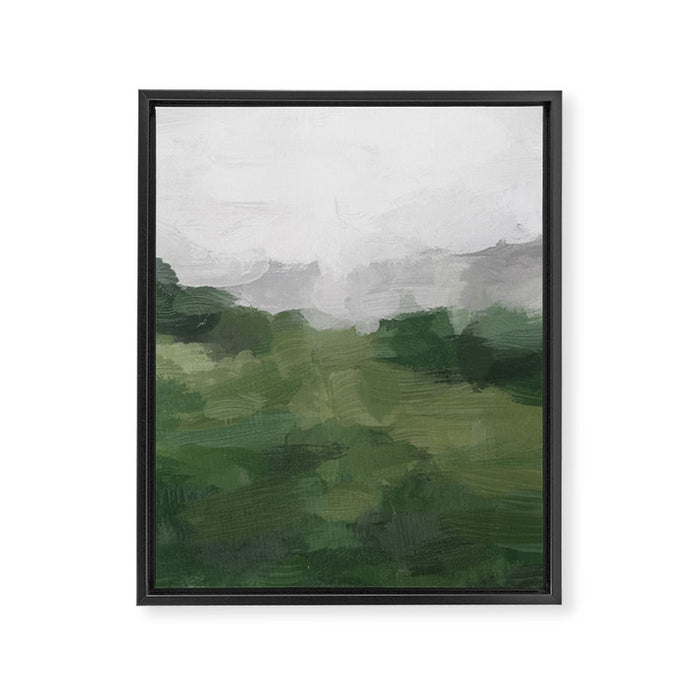 Green Mountain - Valley Hills Gray Sky Grass Plants Abstract Nature Painting Art Print Wall Decor Framed Canvas Print Gallery Image 1