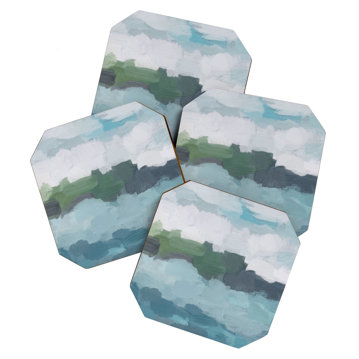Island in the Distance II - Aqua Blue Green Navy Ocean Horizon Abstract Nature Coastal Painting Art Coaster Gallery Image 1