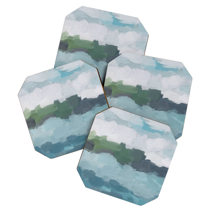 Island in the Distance II - Aqua Blue Green Navy Ocean Horizon Abstract Nature Coastal Painting Art Coaster Gallery Image 1